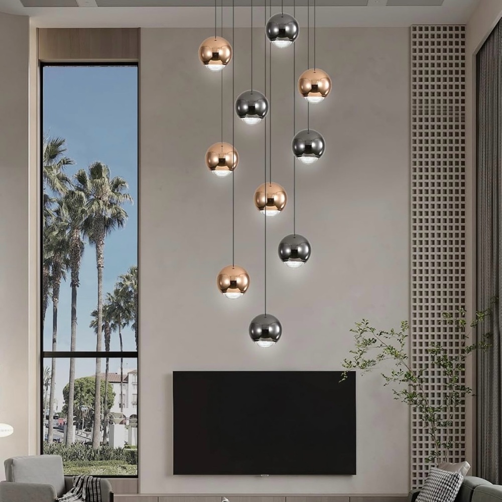 Multi-Bulb Hanging Pendant Light Cluster in Copper & Chrome